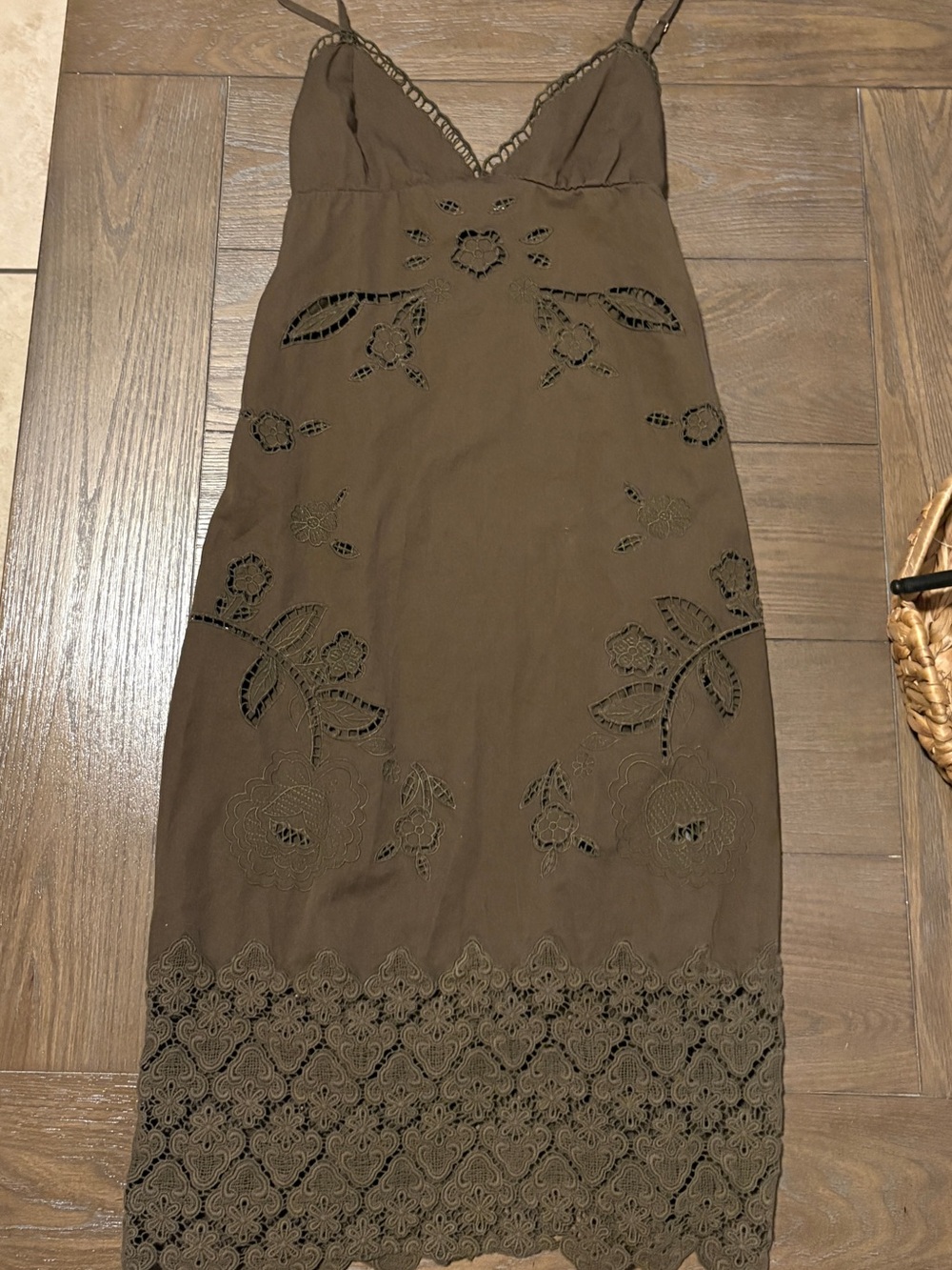 Anthropologie dark green brown lace dress with floral embroidery and lace trim